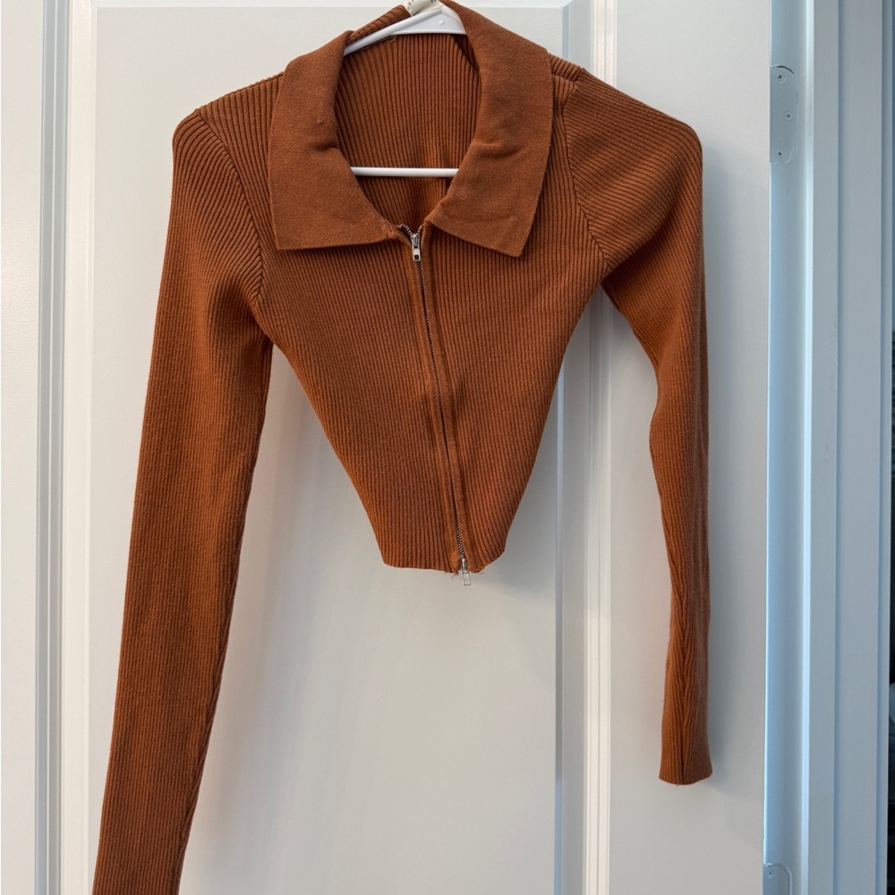 Rust Zip-Front Ribbed Crop Top
